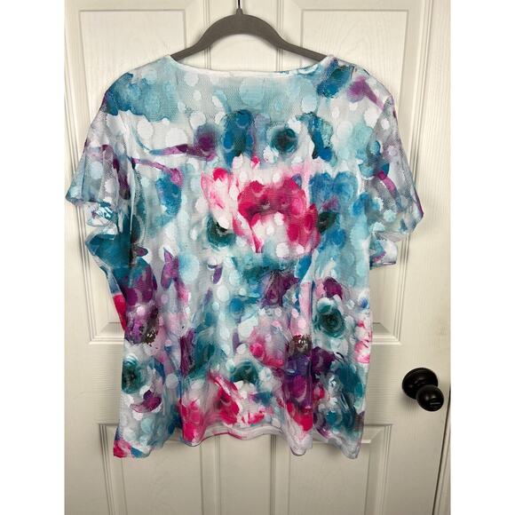 Laura Ashley 2X White Bold Colorful Pastel Floral Mesh Short Sleeve Top Boho - Picture 11 of 11